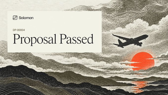 Solomon proposal document announcement reading 'Proposal Passed' with airplane and mountain illustration graphics.