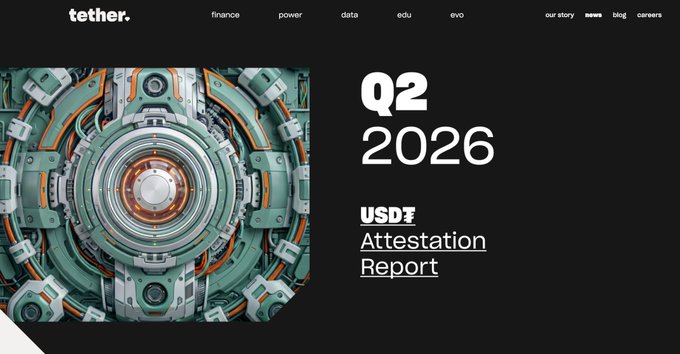 Tether website homepage banner featuring a mechanical green and orange circular design with the text 'Q2 2026 USD₮ Attestation Report' prominently displayed.