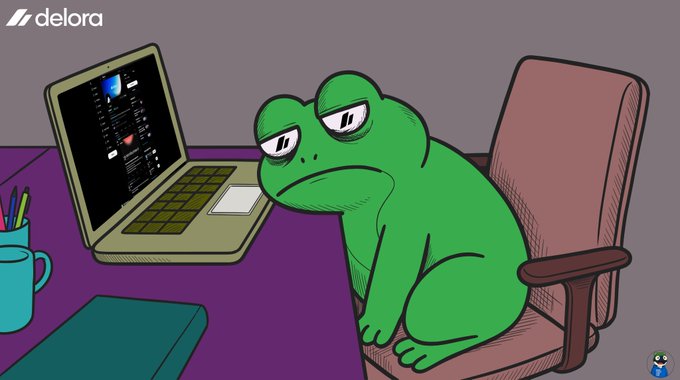 A cartoon illustration by 'delora' shows a tired-looking green frog sitting at a desk in front of a laptop displaying a webpage.