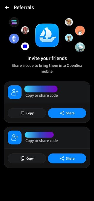 An OpenSea mobile referrals screen showing 'Invite your friends' with options to copy or share referral codes.