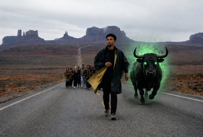 A man leads a procession along a road towards Monument Valley, trailed by an imposing black bull with glowing green eyes that seems to be urging them forward, reinforcing the "bull run" concept in relation to the $ANSEM ticker.