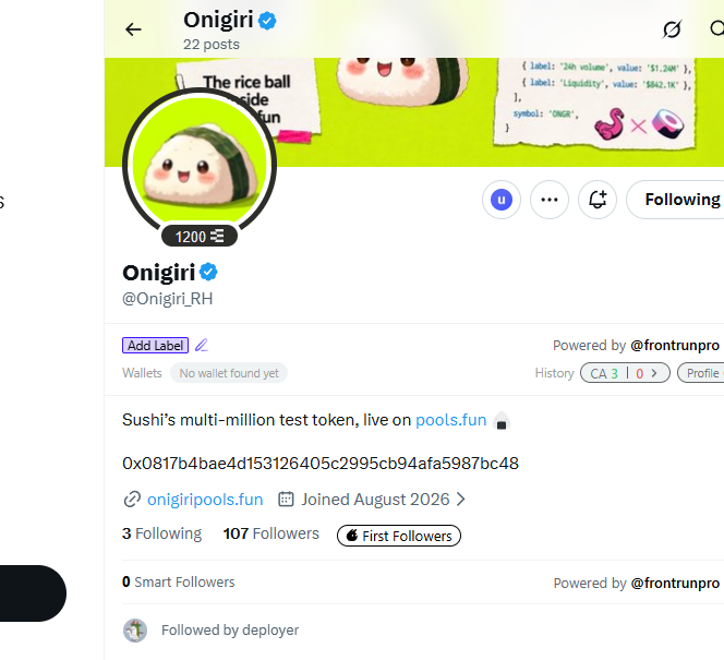 The image shows a profile page for "Onigiri" (@Onigiri_RH), a verified account with 22 posts, 107 followers, and 3 following, featuring a cute rice ball mascot and references to pools.fun as "Sushi's multi-million test token." The post celebrates @Onigiri_RH being followed by @0xDeployer, which is reflected in the "Followed by deployer" tag visible at the bottom of the profile page.