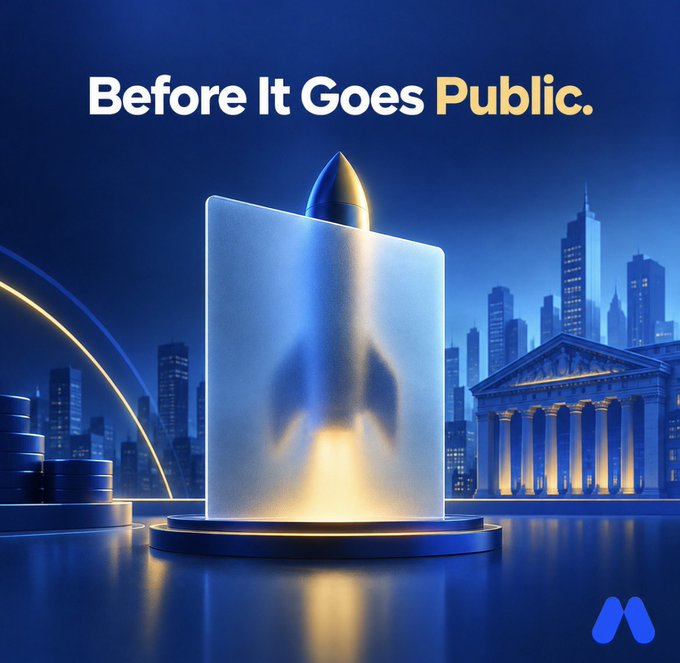 A promotional graphic featuring a glowing rocket emerging from a screen, set against a blue cityscape with classical columns. The text reads 'Before It Goes Public.' with a logo in the bottom right.