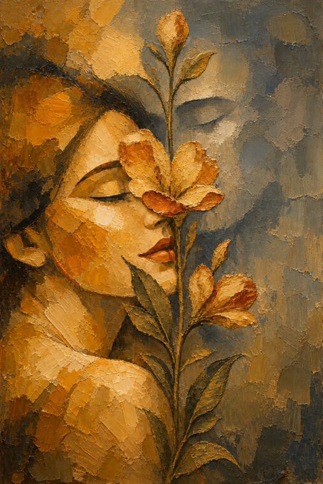 An oil painting in warm golden and blue tones depicting a serene woman with closed eyes, her face partially obscured by blooming flowers and leaves.
