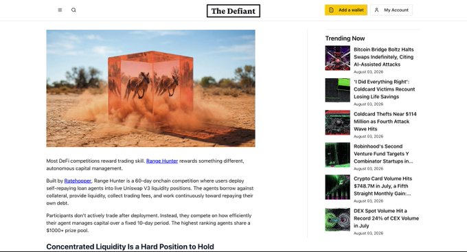 A screenshot from The Defiant news website featuring an article about a DeFi competition called 'Range Hunter' built by BetHogoser, with trending crypto news in the sidebar.