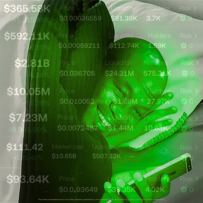 A green-tinted image of a smiling person with long hair overlaid with cryptocurrency data, showing various tickers with prices, liquidity, holders, and risk metrics including a $111.42 market cap entry.