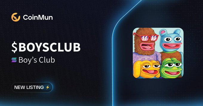 The image features a poster for a boys' club called "BOYSCLUB" with four cartoon characters, including a boy wearing sunglasses and a girl with a fish tail. The poster also includes text that reads "New Listing @pumpfunboysclub $BOYSCLUB Boy's Club is now listed on CoinMun #solana #crypto". This suggests that the boys' club has recently been listed for sale, possibly on an online marketplace like CoinMun or Solana. The poster also includes a link to the website "coinmun.com/coins/boys-club", indicating that potential buyers can find more information about the listing and purchase the item if they are interested in buying it.