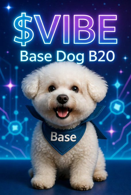 A digital graphic of a smiling white Bichon Frise dog wearing a blue bandana that says 'Base', set against a neon blue background with the text '$VIBE Base Dog B20'.