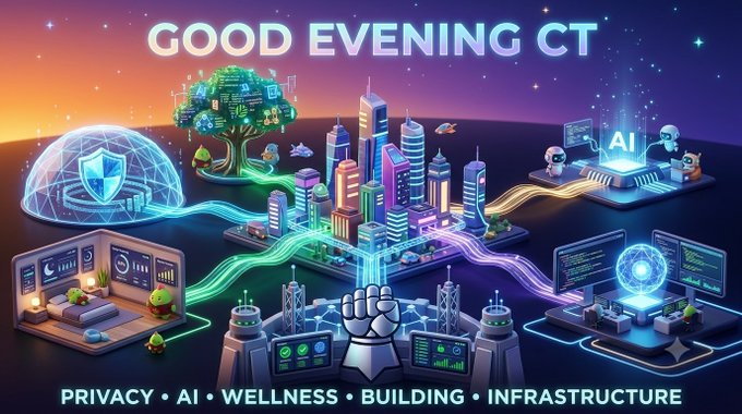 A vibrant digital illustration titled 'GOOD EVENING CT' featuring a futuristic cityscape with interconnected glowing pathways, themed around 'PRIVACY • AI • WELLNESS • BUILDING • INFRASTRUCTURE'.