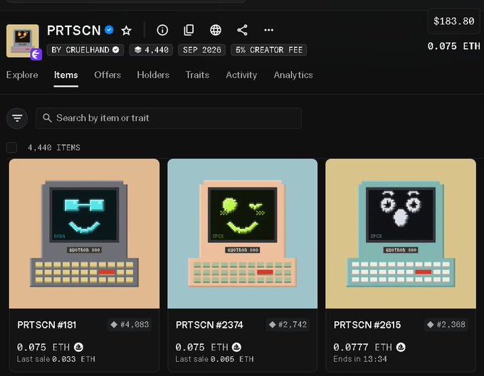 A screenshot of an NFT marketplace listing for the 'PRTSCN' collection by CRUELHAND, showing pixelated computer-themed items with prices listed in ETH ($183.80, 0.075 ETH).