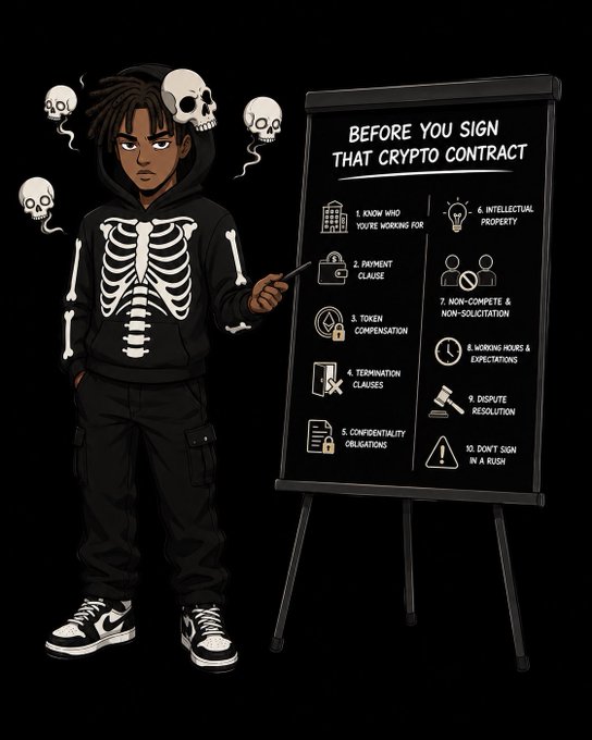 A cartoon figure in a skeleton hoodie stands next to a presentation board titled "Before You Sign That Crypto Contract," listing 10 key contract considerations including payment clauses, token compensation, termination clauses, confidentiality, IP rights, non-compete, working hours, and dispute resolution—visually reinforcing the post's warning to thoroughly review crypto employment agreements before signing.