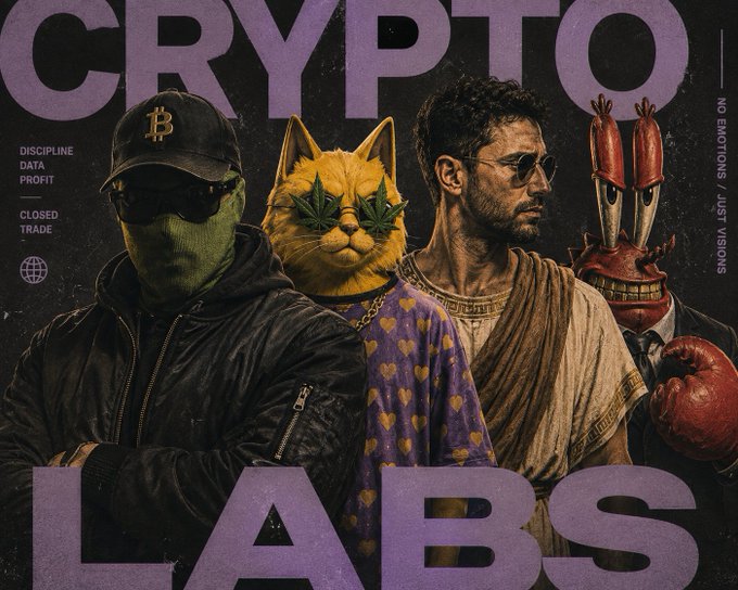 A purple-toned crypto promotional graphic titled 'CRYPTO LABS' with tagline 'DISCIPLINE DATA PROFIT, CLOSED TRADE, NO EMOTIONS JUST VISIONS,' featuring a masked figure with a Bitcoin cap, a cat with cannabis leaf glasses, a man in a toga, and Mr. Krabs wearing boxing gloves.