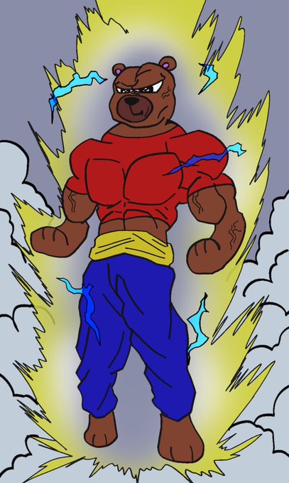 An illustrated muscular bear character stands in a Super Saiyan-style yellow power aura with blue lightning bolts, wearing a red tank top and blue pants.
