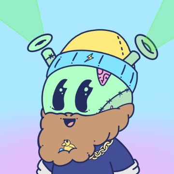 A digital illustration of a cute, cartoon-style green zombie-like character with stitched features, wearing a blue and yellow beanie with antennas, and sporting a brown beard, set against a gradient pastel background.