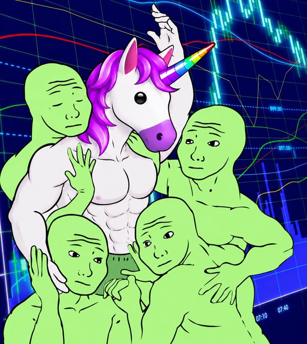 The image depicts a cartoon scene featuring an anthropomorphized unicorn with rainbow-colored horns, standing against a blue background that appears to be stock charts or graphs related to financial markets. The unicorn is surrounded by three other figures - two men and one woman - who are all trying to get the unicorn's attention for different reasons. One man is looking directly at the unicorn while another seems to be in conversation with it, indicating a sense of camaraderie among the group.