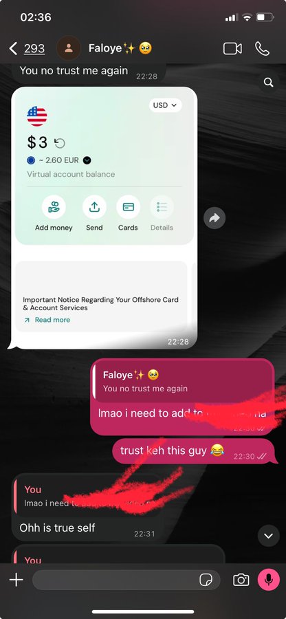A screenshot of a WhatsApp chat with "Faloye✨🤓" showing a Nummus wallet balance of $3 (~2.60 EUR) and a conversation about sending money, where one user asks "lmao i need to add to wallet?" and another responds "trust keh this guy 😂," illustrating the user's experience of sending money to a friend for the first time using their Nummus virtual account.