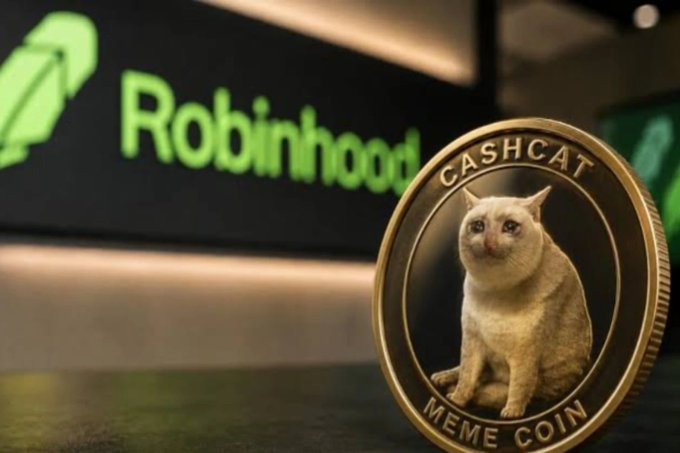 A gold "Cashcat Meme Coin" coin sits in the foreground with a blurred Robinhood logo displayed in the background, visually representing the post's claim that Robinhood Chain's $568 million in transactions was largely driven by trending memecoins like CASHCAT, which in turn boosted Arbitrum by 19%.