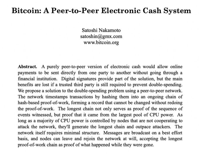 The first page of the famous Bitcoin whitepaper titled 'Bitcoin: A Peer-to-Peer Electronic Cash System' by Satoshi Nakamoto (satoshin@gmx.com, www.bitcoin.org), displaying its abstract.