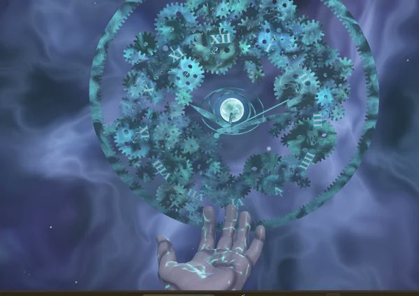A digital artwork depicting a hand reaching toward an intricate, floating clock made of blue gears against a purple, smoky background.