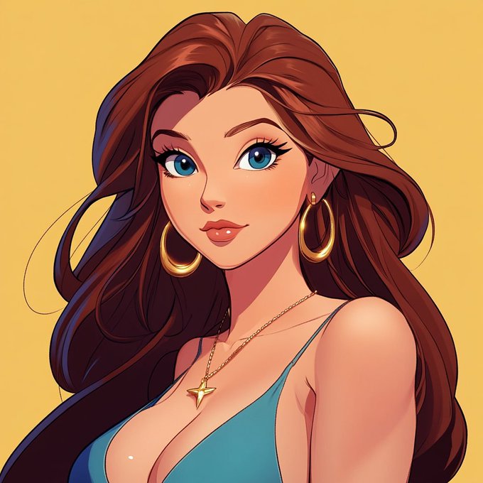 An animated Disney-style illustration of a woman with long flowing brown hair, blue eyes, gold hoop earrings, and a star pendant necklace against a yellow background.