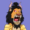 A pixel art sprite of a horned, bearded character with an orange face laughing or shouting against a purple background.