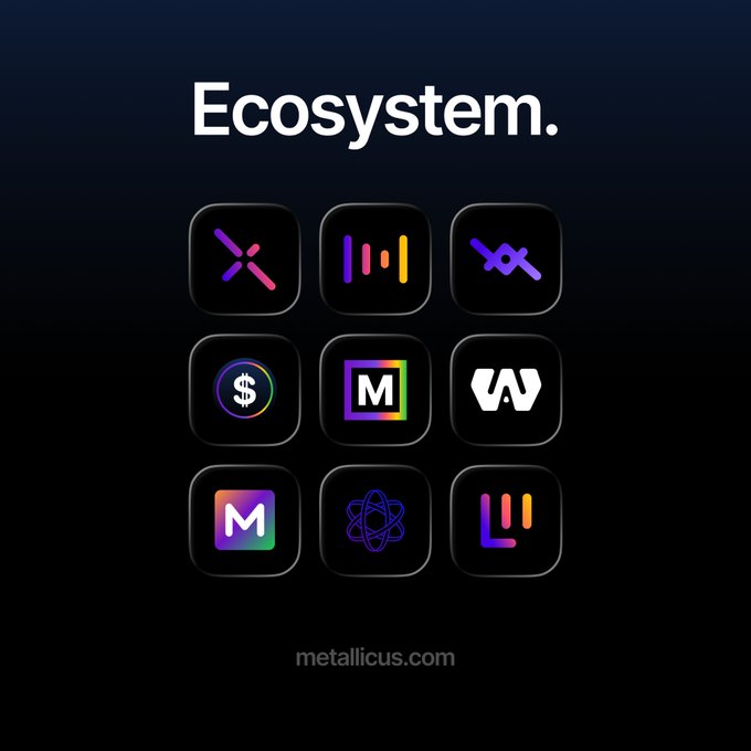 The image displays a dark-themed graphic titled "Ecosystem." featuring a 3x3 grid of nine colorful app icons representing various Metallicus products—XPR Network, a chart/analytics tool, WebAuth, Stablecoin/M$, Metal Blockchain, Web Monetization, Metal Pay, React, and Letter—shown on a black background with the URL "metallicus.com" at the bottom.