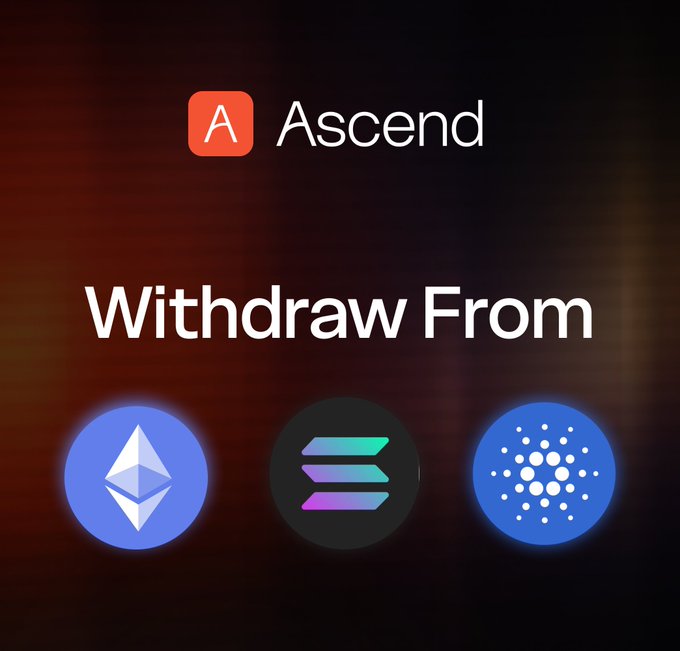 An advertisement or graphic for Ascend showing the heading 'Withdraw From' with cryptocurrency logos including Ethereum, Solana, and Cardano displayed below.