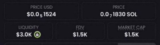 A cryptocurrency tracking interface displays metrics for a new memecoin with a price of $0.01524 USD (0.01830 SOL), liquidity of $3.0K, and both FDV and market cap at $1.5K, illustrating the low market cap token the post claims to have just discovered.