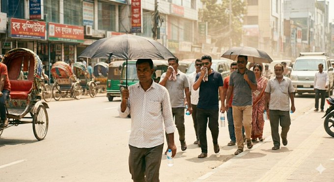 The image shows a group of people walking down a street with umbrellas, possibly due to rain or strong sunlight. There are several individuals carrying water bottles as they walk along the sidewalk. A red car can be seen parked nearby, adding color to the scene. The overall atmosphere suggests that it is a busy day in an urban setting where people are going about their daily activities while being mindful of weather conditions and staying hydrated.