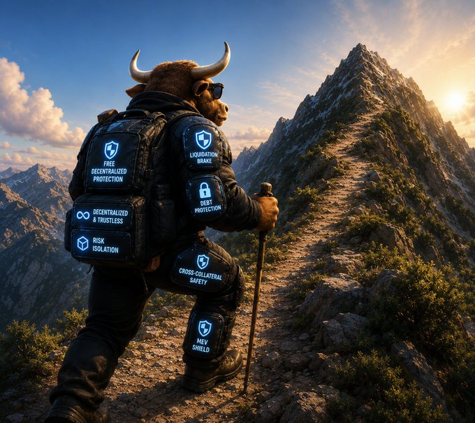 The image features a man dressed as a bull, wearing a backpack and hiking gear, standing on top of a mountain with a sunset behind him. The caption reads "My current ETH strategies: ETH → fxMINT → fxUSD → fxSAVE ETH → fxMINT → fxUSD → sdFXN  & Liquidation protection & keep eth & FXN upside & capture cashflow through volatility with fxSAVE and sdFXN". The image is related to the post because it showcases a man dressed as a bull, which could be interpreted as an investment strategy or a unique way of promoting a particular cryptocurrency.