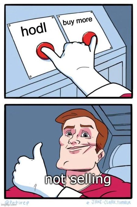 The meme shows a hand pressing a button that flips between "hodl" and "buy more," followed by a smug-looking cartoon man giving a thumbs-up with the caption "not selling," humorously depicting the unwavering commitment of cryptocurrency holders to never sell their $ICP (Internet Computer) tokens regardless of price action.