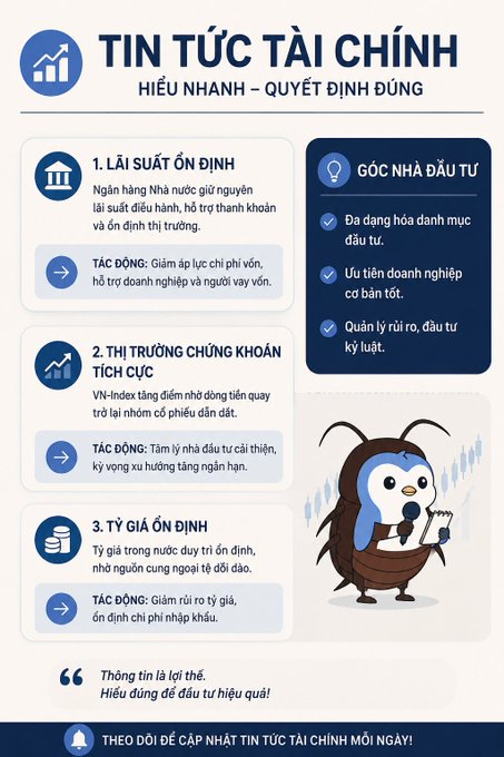 A Vietnamese financial infographic titled 'TIN TỨC TÀI CHÍNH' (Financial News) with sections on stable interest rates, stock market trends, and stable exchange rates, featuring an owl mascot illustration.