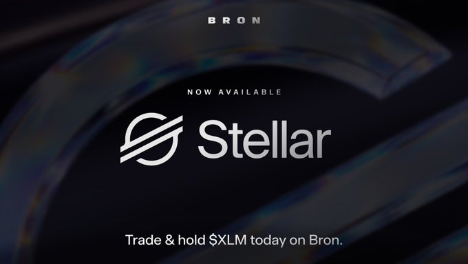 A promotional advertisement for "Stellar" cryptocurrency on the BRON platform, reading "NOW AVAILABLE - Trade & hold $XLM today on Bron."
