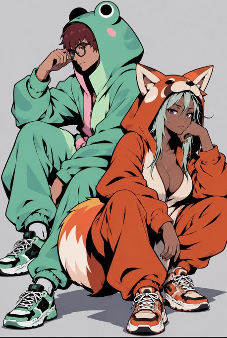 An anime-style illustration featuring a man in a green frog hoodie and a dark-skinned woman with blue hair in an orange fox onesie, sitting together and wearing matching sneakers.