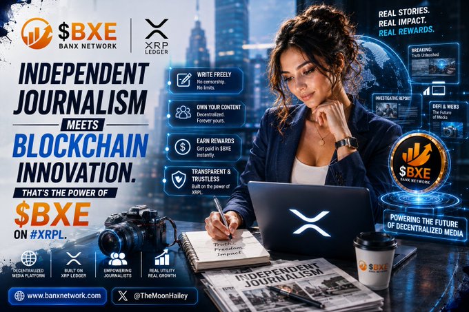 A promotional graphic for "$BXE BANX NETWORK" on "XRP LEDGER" featuring a woman writing in a notebook with a camera, laptop, and newspaper nearby, highlighting features like "WRITE FREELY," "OWN YOUR CONTENT," "EARN REWARDS," and "TRANSPARENT & TRUSTLESS," with the tagline "INDEPENDENT JOURNALISM MEETS BLOCKCHAIN INNOVATION" and a MEXC exchange link, aligning with the post's message about empowering decentralized media through blockchain.