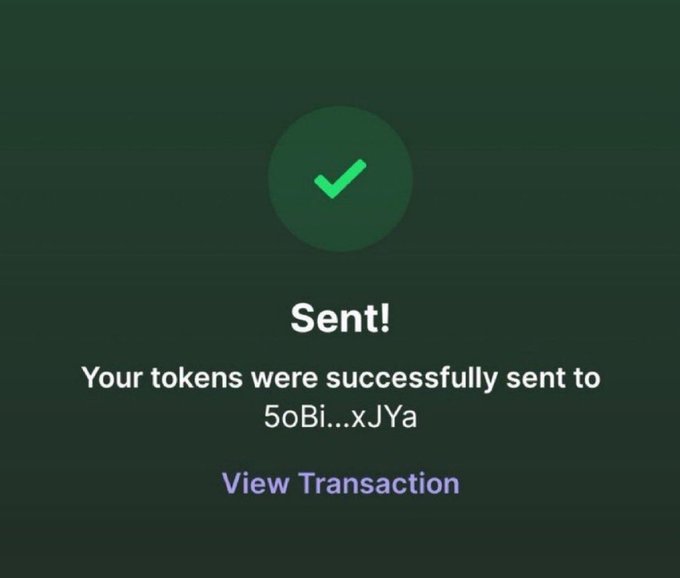 A cryptocurrency transaction confirmation screen displays "Sent!" with a green checkmark, confirming tokens were successfully sent to the address 5oBi...xJYa, with a "View Transaction" link below. The image appears to show evidence of a $SOL token airdrop being sent to an active community member, supporting the post's promise of rewarding engagement on the page.