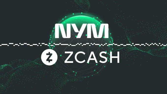 Promotional banner showing the NYM and ZCASH logos on a dark background with green dotted sphere graphics.