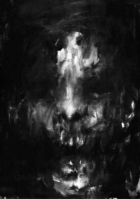 A dark, heavily textured black and white painting or sketch depicting an abstract, skull-like face emerging from shadowy brushstrokes.