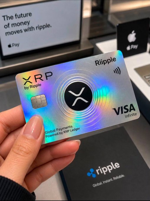 A hand holds a holographic XRP by Ripple Visa Infinite card, with "Global Payments Powered by XRP Ledger" and contactless payment symbol visible, alongside an Apple Pay display reading "The future of money moves with ripple." The image illustrates the post's point about blockchain-powered payment cards enabling crypto adoption through familiar, everyday financial tools rather than standalone apps.