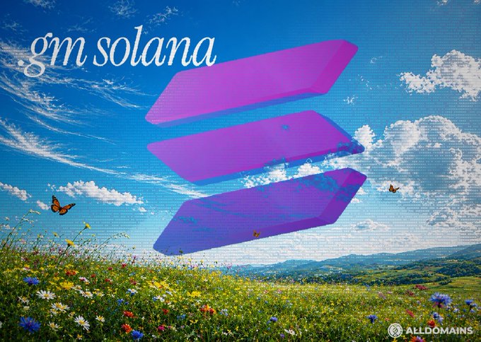 A dreamy landscape featuring a vibrant wildflower meadow beneath a bright blue sky is overlaid with Solana's purple gradient logo and the text "gm solana" in the upper left, visually echoing the "gm" greeting from the post. A small "ALLDOMAINS" watermark appears in the bottom right corner.