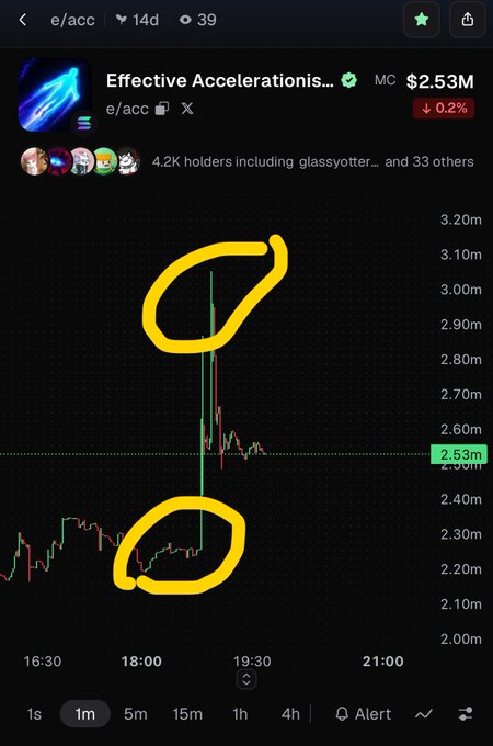 A screenshot of a meme coin chart for 'Effective Accelerationis...' showing a market cap of $2.53M, with two yellow circles highlighting a sharp price spike and subsequent crash pattern.