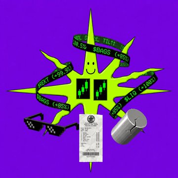 A green star-shape with a smiley face over a purple background contains casino-related text like "SLOT (<98%)", "SBAGS", and "BLACKJACK (<99.5%)", along with images of 8 balls, sunglasses, a receipt, and a hammer.
