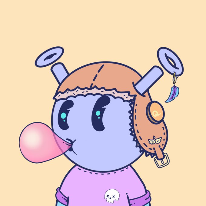 A cartoon illustration of a blue-skinned character with antennae, a brown aviator cap, and a pink bubblegum bubble, wearing a purple shirt with a small skull design.