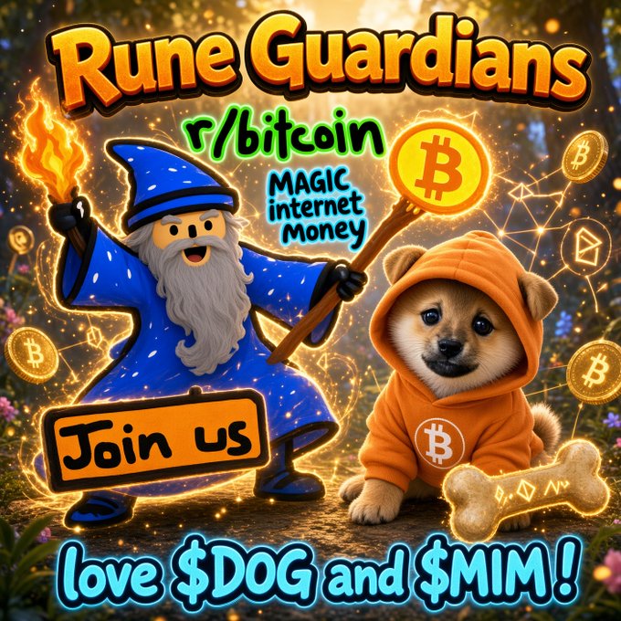 A promotional graphic reading 'Rune Guardians' with 'r/bitcoin' and 'MAGIC internet Money', featuring a wizard with a torch next to a puppy in an orange hoodie holding a Bitcoin staff, with text 'love $DOG and $MIM!'