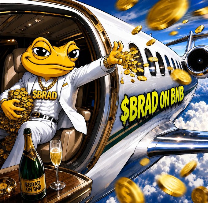 A cartoon frog in a white suit adorned with a "$BRAD" chain sits in a luxury private jet, tossing piles of gold coins out the window, with "$BRAD ON BNB" emblazoned on the plane's fuselage and a matching champagne bottle below. The image perfectly mirrors the post's bold, "tic-toc" countdown energy—visualizing the unstoppable momentum of $BRAD on BNB as a storm of wealth raining down that doesn't wait for anyone's timeline.