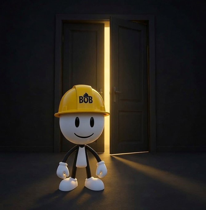 A 3D-rendered character with a round white head, black stick-figure-like body, and white gloves stands in front of an open door emitting bright yellow light. The character wears a yellow hard hat with the word "BOB" printed on it.