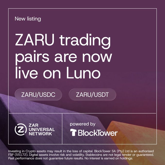 A purple promotional graphic announcing 'New listing ZARU trading pairs are now live on Luno' featuring ZARU/USDC and ZARU/USDT, powered by ZAR Universal Network and BlockTower, with crypto risk disclaimer text at the bottom.