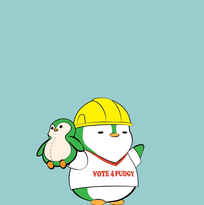 A cute cartoon penguin wearing a yellow hard hat and a white shirt reading "VOTE 4 PUDGY" holds a small green penguin against a light blue background, celebrating the poster's new membership in the LilPudgys NFT collection community.