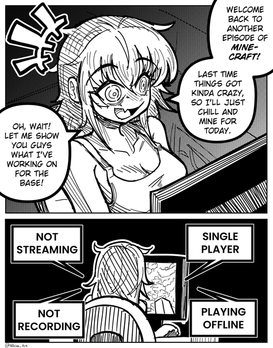 A black-and-white manga comic strip titled 'Mine-craft!' where an anime character announces she's playing solo, with a panel showing 'Not Streaming,' 'Single Player,' 'Not Recording,' and 'Playing Offline' signs.