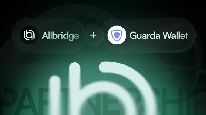 A partnership announcement graphic showing 'Allbridge + Guarda Wallet' logos above a glowing teal 'hb' symbol on a dark background.